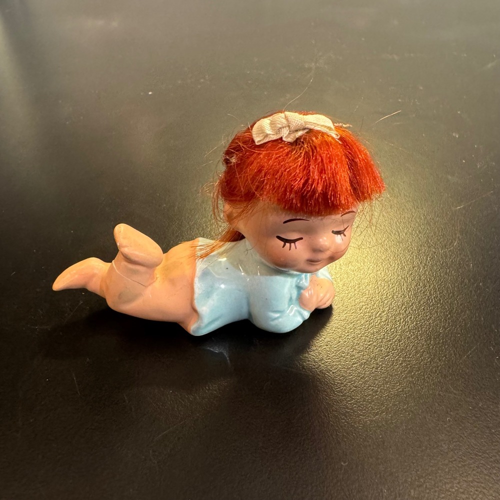Vintage Figurine Girl 2.75in Blue Red Hair Sleeping Kitsch C-7588